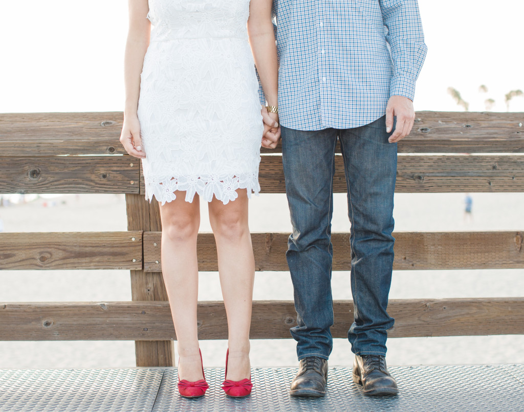 Engagement Photos, red bow pumps, white lace dress