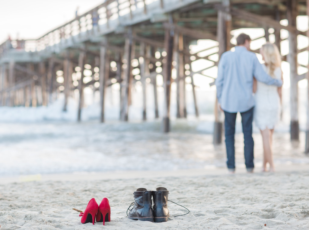 engagement photos, newport beach pier, red heels