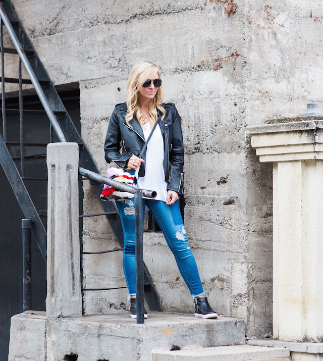 Fashion blogger Nikki Minton of My Style Diaries shares easy budget basics - distressed denim, faux leather jacket, leather sneakers, and a versatile tee - that are all under $100.
