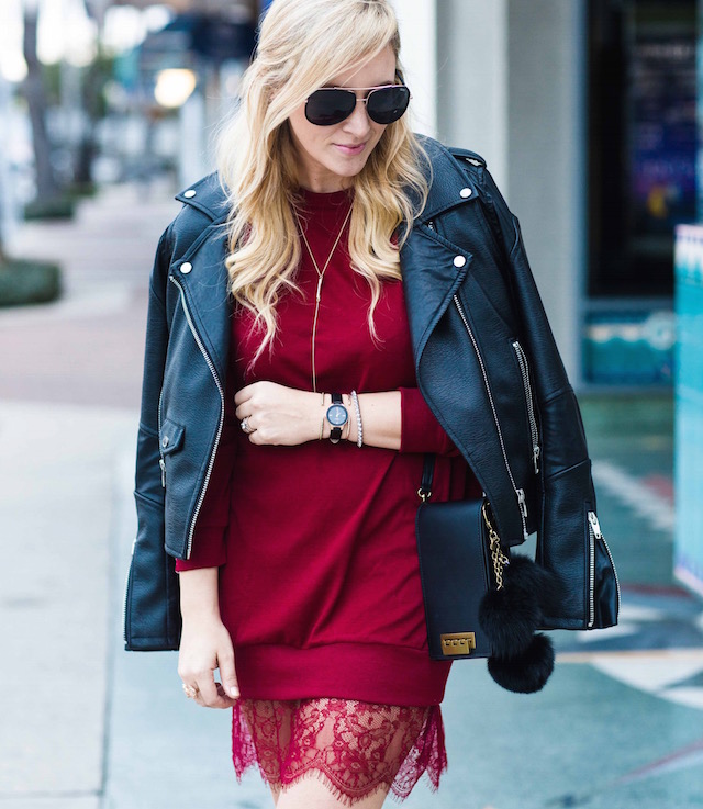 Orange County fashion blogger Nikki Minton of My Style Diaries wears a sweatshirt dress for an Armitron Valentine's Day giveaway.