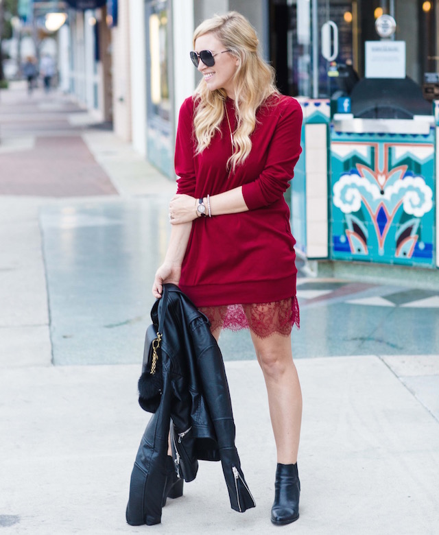 Orange County fashion blogger Nikki Minton of My Style Diaries wears a sweatshirt dress for an Armitron Valentine's Day giveaway.