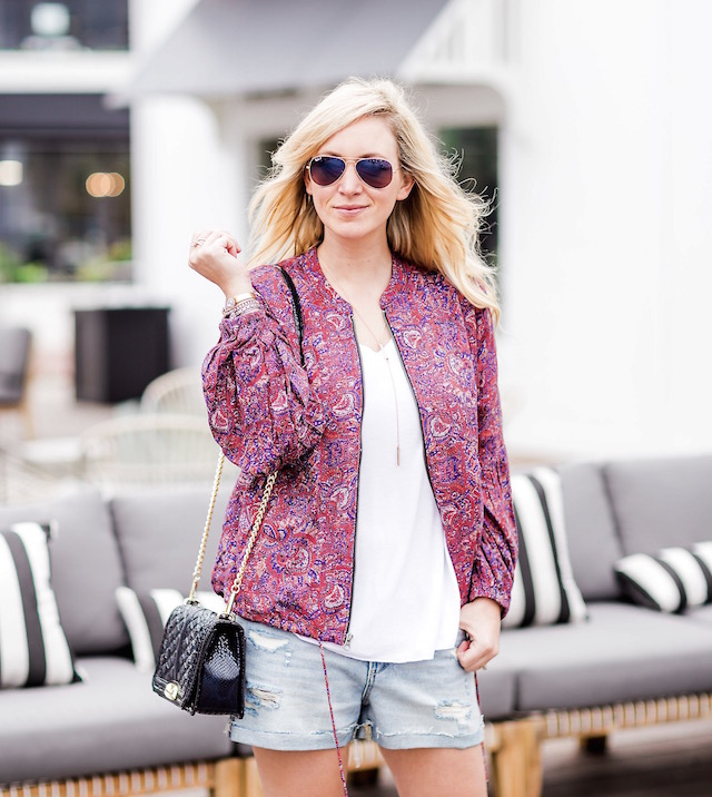 Orange County fashion blogger Nikki Prendergast of My Style Diaries wears denim shorts and a Free People spring bomber.