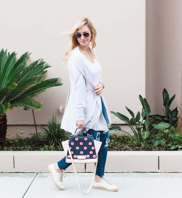 Orange County fashion blogger Nikki Minton Prendergast of My Style Diaries wears affordable distressed denim and Spring sneakers.