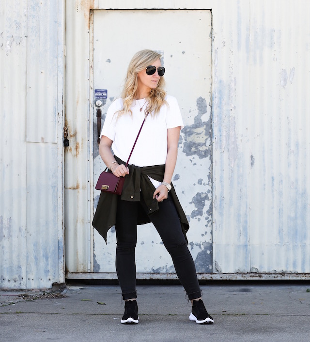 Orange County fashion blogger Nikki Prendergast of My Style Diaries wears Hudson jeans and Puma Rebel sneakers.