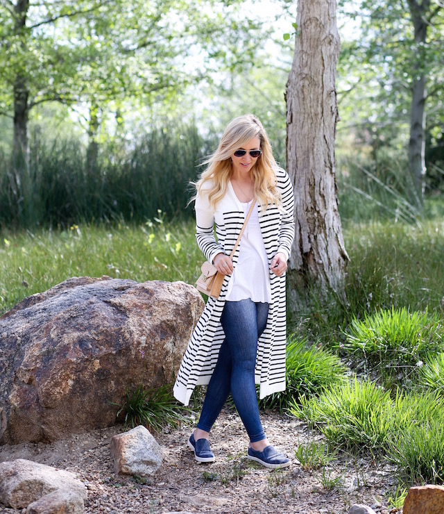 Orange County fashion blogger Nikki Prendergast of My Style Diaries in lucy activewear leggings, cabi cardigan, and dr. scholl's shoes.