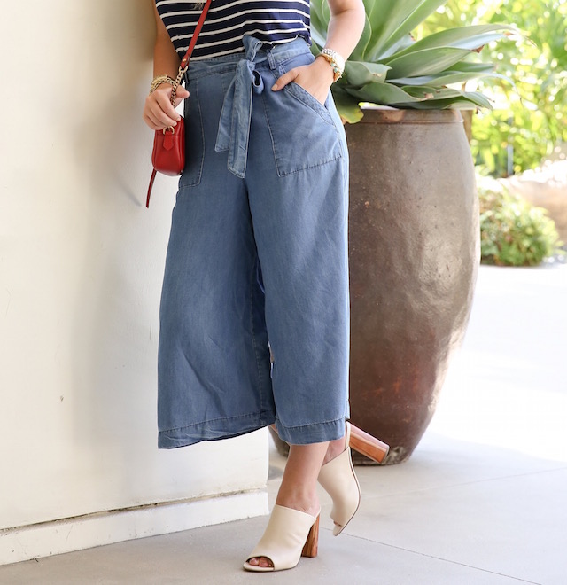Amour Vert tee and chambray culottes + Tory Burch mules + Gucci Marmont handbag