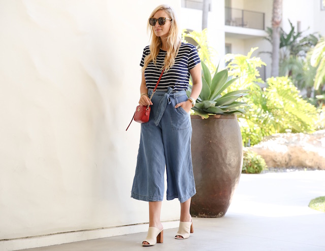 Amour Vert tee and chambray culottes + Tory Burch mules + Gucci Marmont handbag