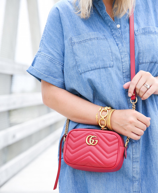 Madewell denim dress + Converse sneakers + Gucci Marmont bag