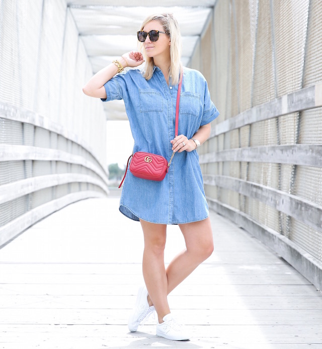 Madewell denim dress + Converse sneakers + Gucci Marmont bag