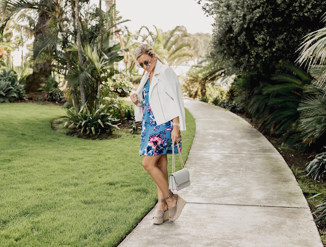 Fashion and lifestyle blogger Nikki Prendergast of My Style Diaries in Charles Henry dress, Marc Fisher wedges, Catherine Catherine Malandrino jacket and a Strathberry handbag.
