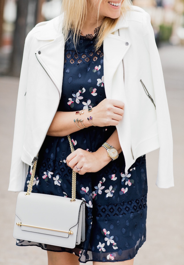 Aqua navy floral dress + Strathberry handbag + velvet heels