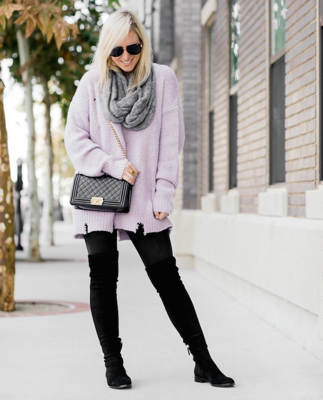 Oversized distressed sweater, Spanx leggings, over-the-knee boots, infinity scarf, Chanel Boy Bag