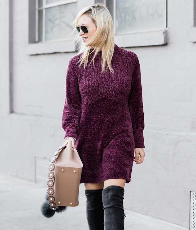 Affordable sweater dress, over-the-knee boots, Zac Zac Posen handbag