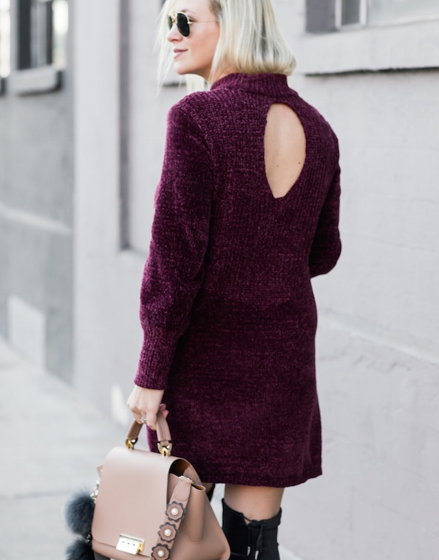 Affordable sweater dress, over-the-knee boots, Zac Zac Posen handbag
