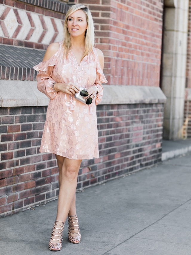 Lilly Pulitzer metallic embroidered dress, rose gold heels, silver clutch, Ray-Ban aviators