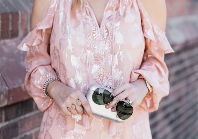 Lilly Pulitzer metallic embroidered dress, rose gold heels, silver clutch, Ray-Ban aviators