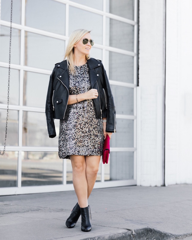 Parker New York sequin dress + Blank NYC faux leather jacket + Loeffler Randall clutch + cabi booties