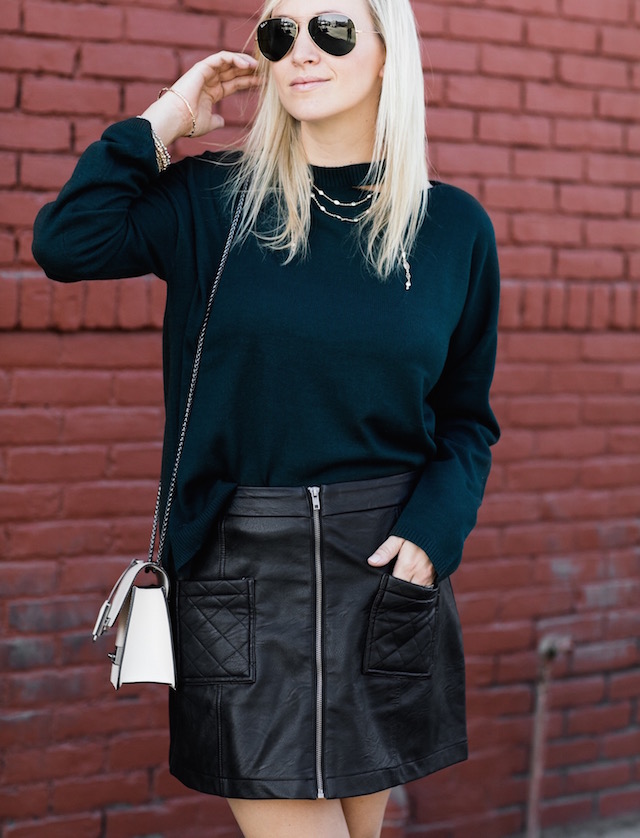 EVIDNT sweater, BB Dakota faux leather skirt, Henri Bendel handbag