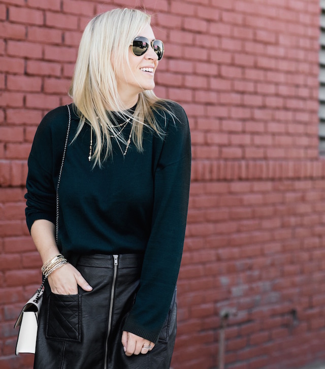 EVIDNT sweater, BB Dakota faux leather skirt, Henri Bendel handbag