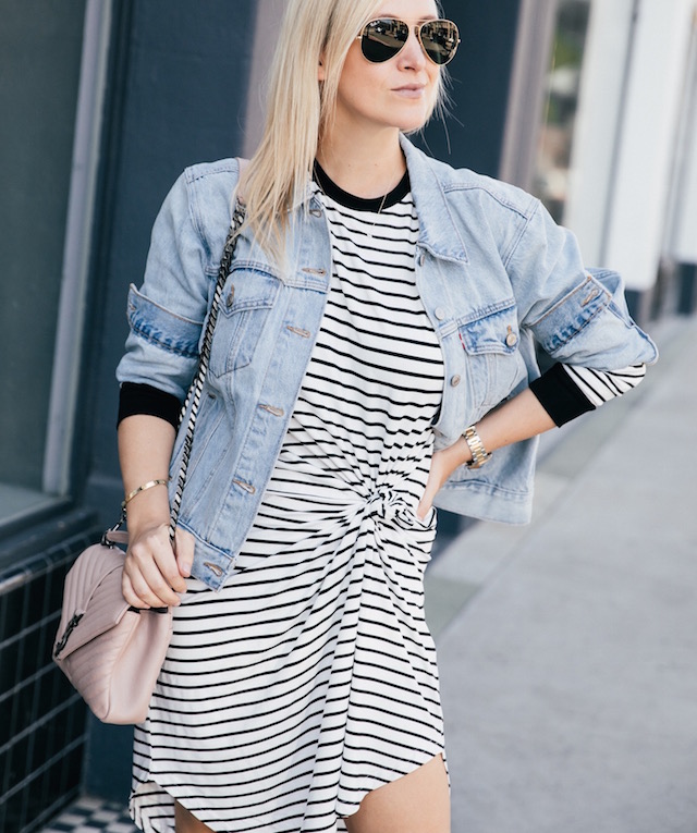 striped dress + denim jacket + leopard sneakers | SoCal style blogger Nikki Prendergast of My Style Diaries
