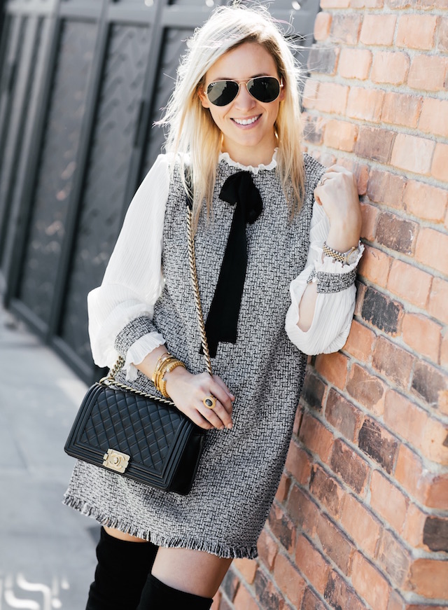 Affordable tweed dress under $30, over-the-knee boots, Chanel Boy Bag | SoCal style blogger Nikki Prendergast of My Style Diaries