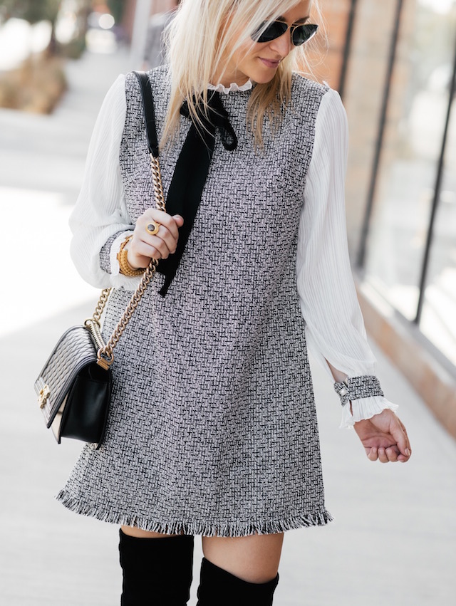 Affordable tweed dress under $30, over-the-knee boots, Chanel Boy Bag | SoCal style blogger Nikki Prendergast of My Style Diaries
