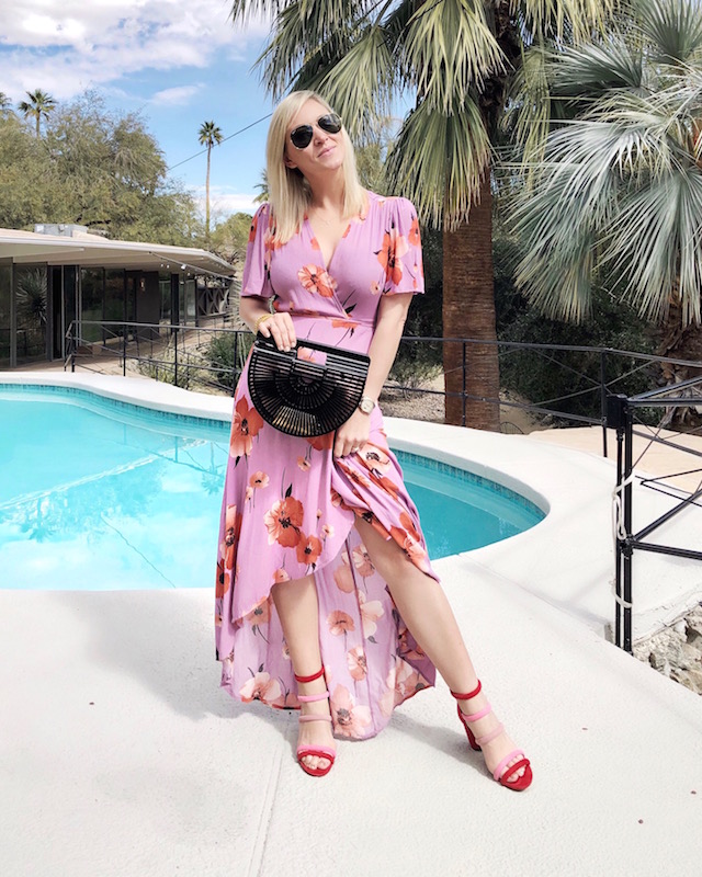 Floral spring wrap dress and Cult Gaia bag in Palm Springs, CA