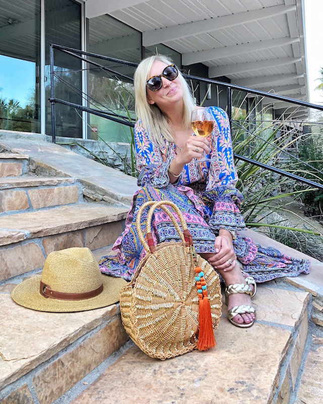 KAS New York maxi dress and Sam Edelman handbag in Palm Springs, CA