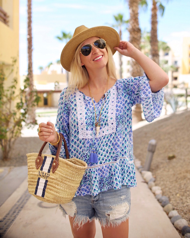 Lilly Pulitzer top, Mark & Graham tote, Free People shorts | Pueblo Bonito Pacifica in Cabo