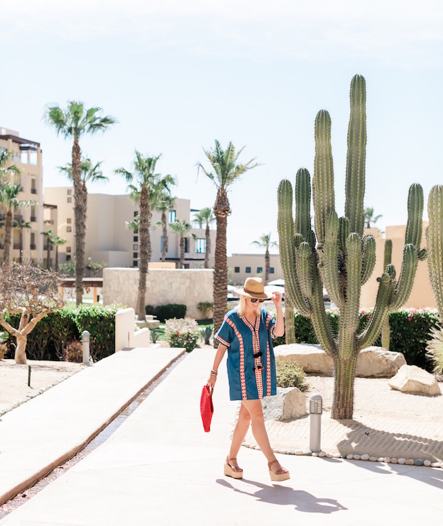 Embroidered denim dress, espadrille wedges, and summer hat | My Style Diaries at Pueblo Bonito Pacifica Resort