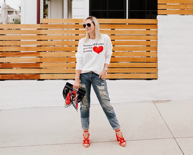 Parks Project sweatshirt, boyfriend jeans, Cult Gaia clutch, cabi heels | My Style Diaries blogger Nikki Prendergast