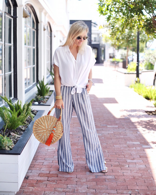 Bella Dahl striped pants, Sam Edelman handbag, tie waist blouse | My Style Diaries blogger Nikki Prendergast