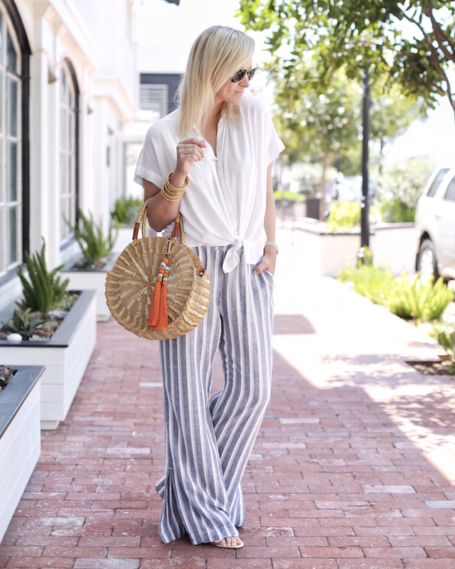 Bella Dahl striped pants, Sam Edelman handbag, tie waist blouse | My Style Diaries blogger Nikki Prendergast