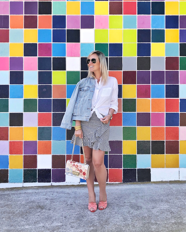 Forever 21 gingham skirt, Lilly Pulitzer shirt, Sarah Flint heels, Levi's jacket, Zac Zac Posen handbag | My Style Diaries blogger Nikki Prendergast