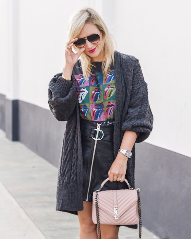 Rolling Stones t-shirt, faux leather skirt, oversized cardigan | My Style Diaries blogger Nikki Prendergast