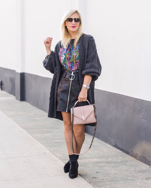 Rolling Stones t-shirt, faux leather skirt, oversized cardigan | My Style Diaries blogger Nikki Prendergast