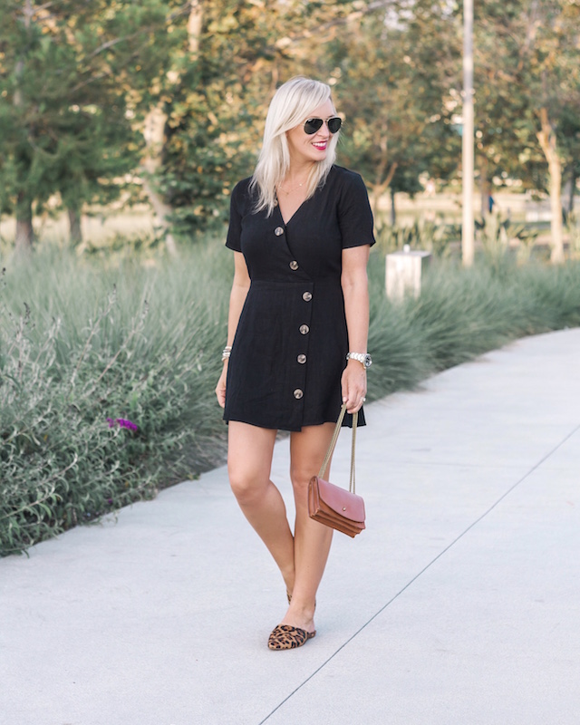 My Style Diaries blogger Nikki Prendergast in Moon River dress and Madewell leopard mules