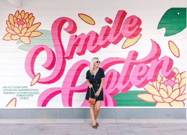 Smile Often wall | My Style Diaries blogger Nikki Prendergast in Moon River dress and Madewell leopard mules