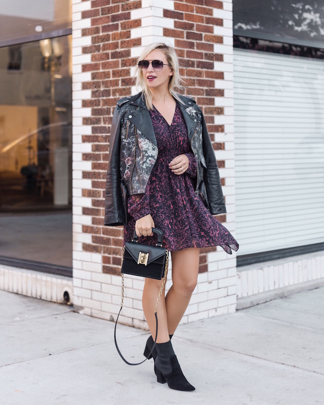 Allsaints dress, Parker NY floral leather jacket, Henri Bendel handbag, Steve Madden sock booties | My Style Diaries blogger Nikki Prendergast