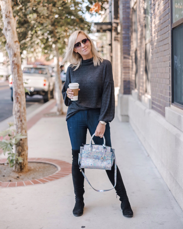 Mott & Bow high rise skinny jeans, over-the-knee boots, Henri Bendel handbag | My Style Diaries blogger Nikki Prendergast