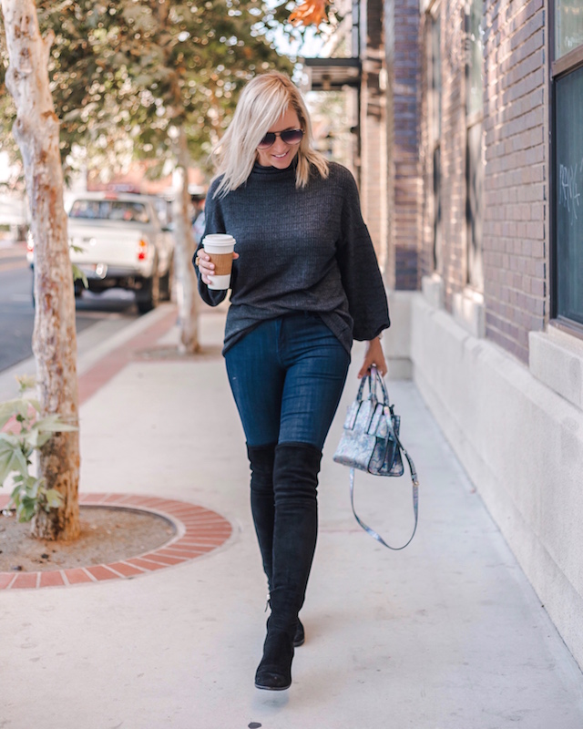 Mott & Bow high rise skinny jeans, over-the-knee boots, Henri Bendel handbag | My Style Diaries blogger Nikki Prendergast