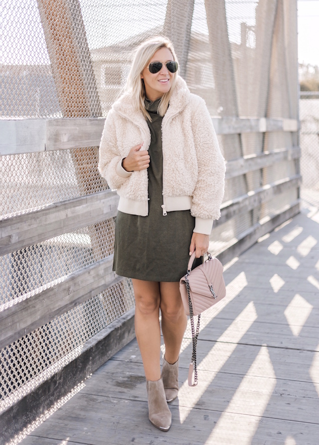 Teddy bear bomber, Zara dress, Marc Fisher booties on sale, Saint Laurent handbag | My Style Diaries blogger Nikki Prendergast