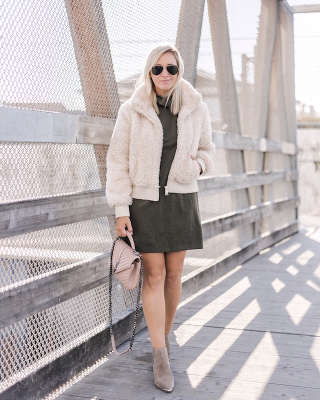 Teddy bear bomber, Zara dress, Marc Fisher booties on sale, Saint Laurent handbag | My Style Diaries blogger Nikki Prendergast